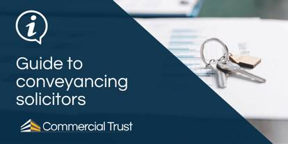 Navy blue banner with text "Guide to conveyancing solicitors" behind which is paperwork with a set of keys on it