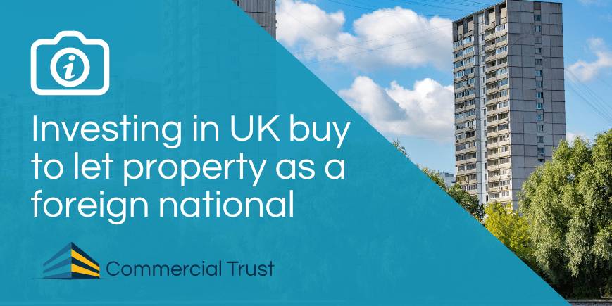 Blue banner with text "Investing in UK buy to let property as a foreign national" with a photograph of a block of flats against a bright blue cloudy sky and trees in the foreground