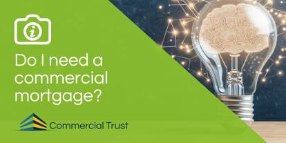Green banner with text "Do I need a commercial mortgage" in front of an abstract picture of a brain in a lightbulb