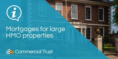 Blue banner with "Mortgages for large HMO properties" in front of a large residential property