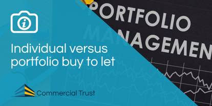 Blue banner with "Individual versus portfolio buy to let" and behind it a display board with the words "Portfolio Management" on it