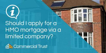 Blue banner with white text "Should I apply for a HMO mortgage via a limited company" in front of a large red brick house