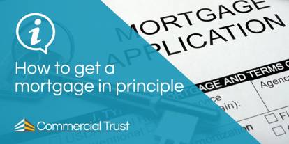 Blue banner with text: How to get a mortgage in principle, with picture of a mortgage application behind