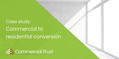 Green banner with the words 'Case study: Commercial to residential conversion' in front of photo of a bright interior with light streaming through a window