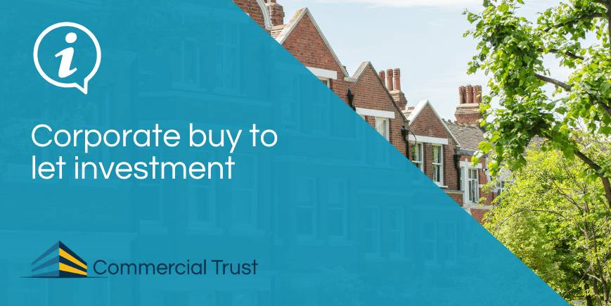 Blue banner with text "Corporate buy to let investment" in white, in front of leafy street of red brick Victorian terrace town houses