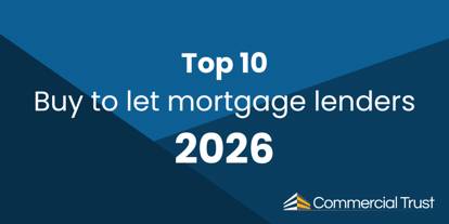 Geometric blue shapes in the background with white text "Top 10 buy to let mortgage lenders 2026"