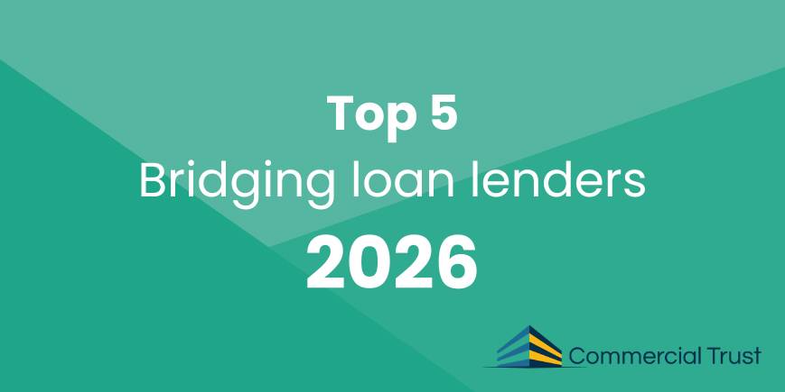 Geometric teal shapes in the background with white text "Top 5 bridging loan lenders 2026"