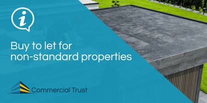 Blue banners with text "Buy to let for non-standard properties" infront of a flat roof house with lawn in the background