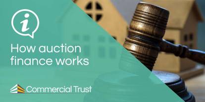 Teal banner, white text " How auction finance works" with image of gavel behind